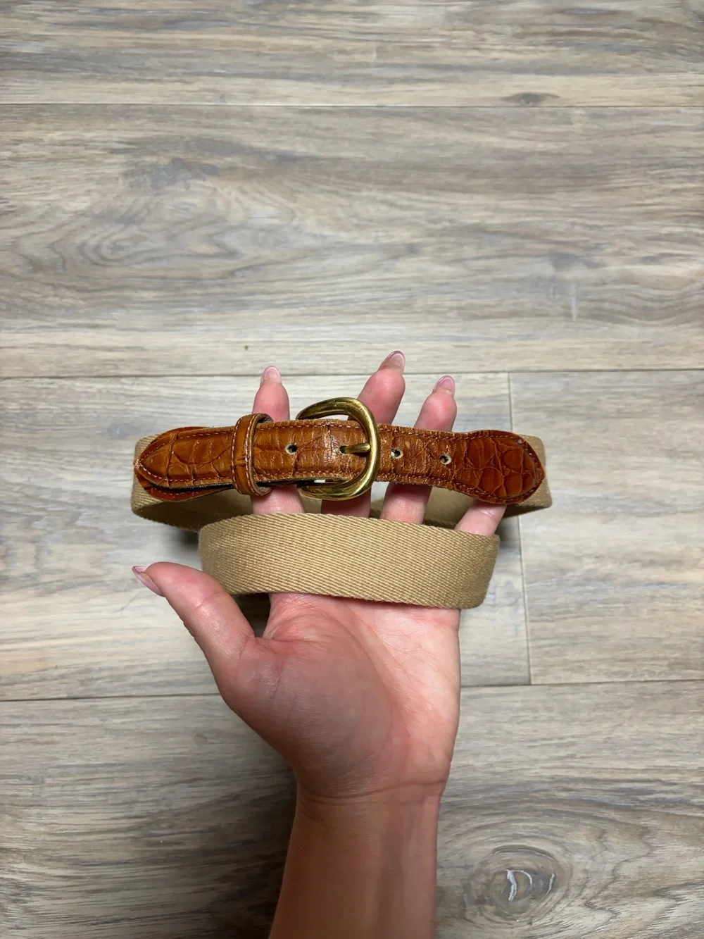 Men’s Woven Canvas Croc Embossed Leather Belt Tan Brown Solid Brass 36